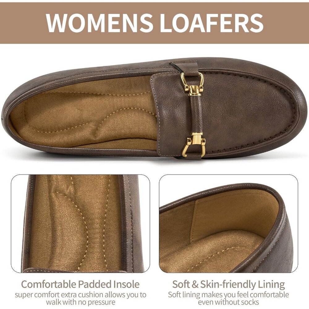 Women's Moccasins Loafers Brown Leather Casual Pull On Round Toe Penny Shoes - Picture 3 of 6